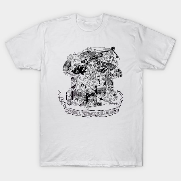 In Search of the Forbidden Temple of A'rob (line art) T-Shirt by AlexRobinsonStuff